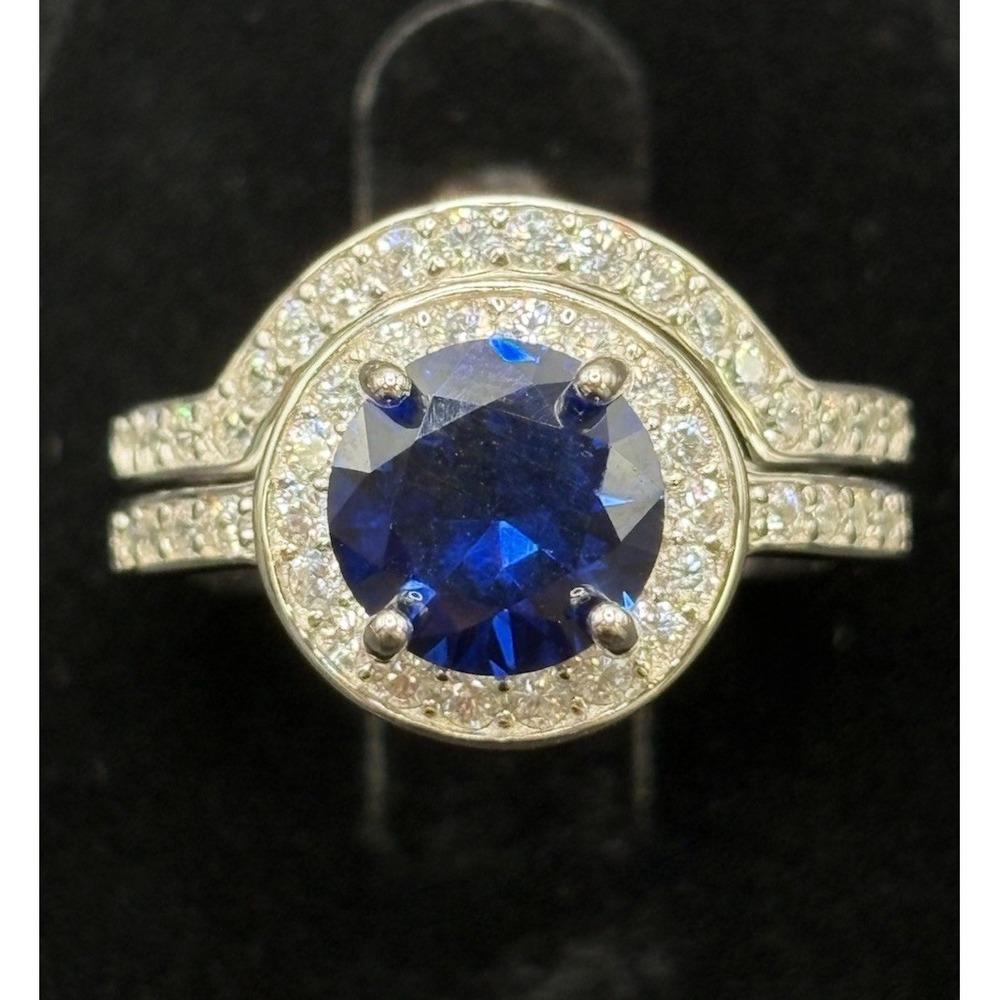 New Condition Sterling Silver Blue Cubic Zirconia Wedding Set Size 7 H19